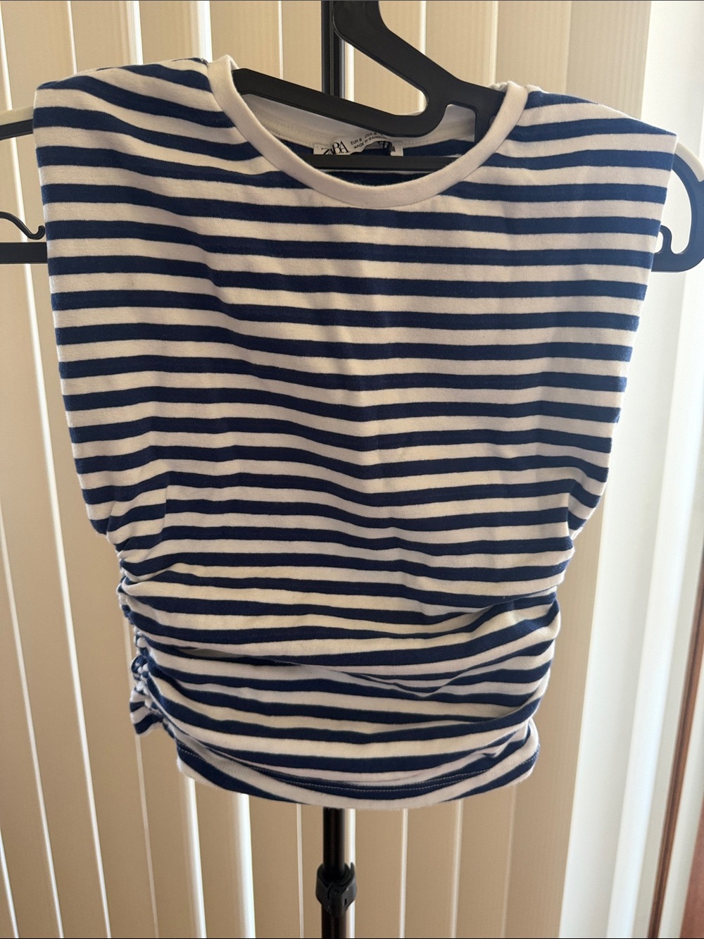 Zara Navy & White Striped Ruched Tank Top